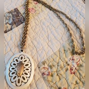 Vintage white pendant on a goldtone chain, retro boho oval charm
